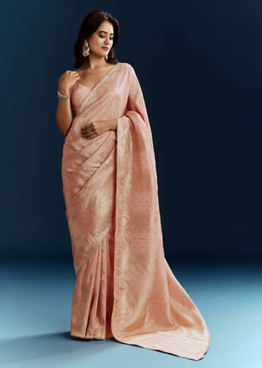 Peach Dola Silk Brocade Saree With Gota Patti And Moti Embroidery