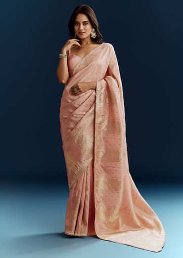 Peach Dola Silk Brocade Saree With Gota Patti And Moti Embroidery
