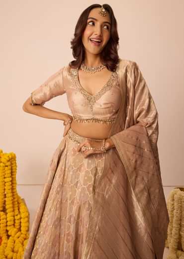 Peach Embroidered Blouse With Ruching Lehenga And Tassel Dupatta