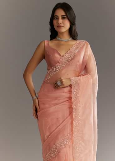 Peach Embroidered Organza Saree With Cutwork Scallop Border