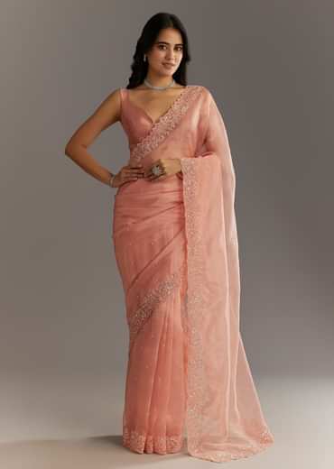 Peach Embroidered Organza Saree With Cutwork Scallop Border