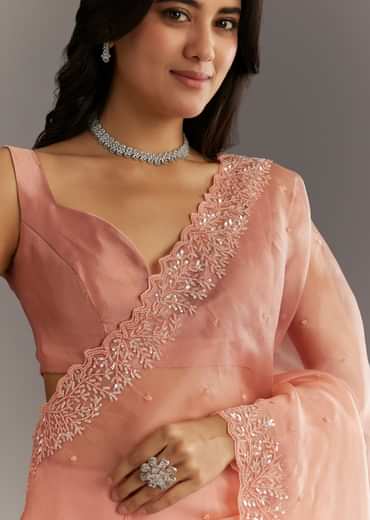 Peach Embroidered Organza Saree With Cutwork Scallop Border
