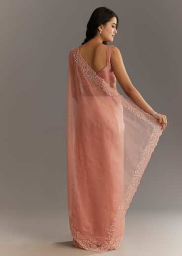 Peach Embroidered Organza Saree With Cutwork Scallop Border