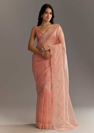Peach Embroidered Organza Saree With Cutwork Scallop Border