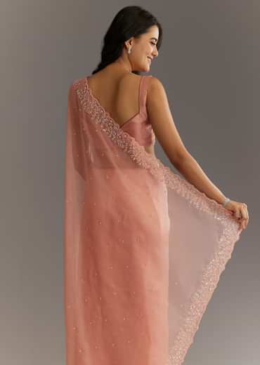 Peach Embroidered Organza Saree With Cutwork Scallop Border