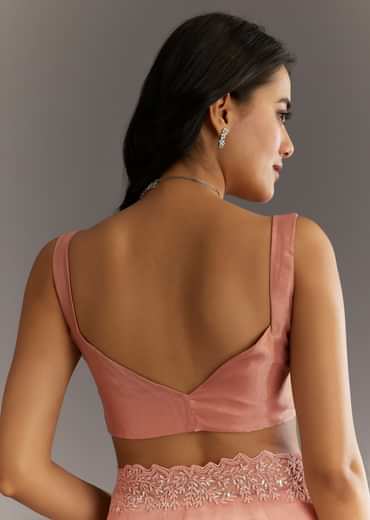 Peach Embroidered Organza Saree With Cutwork Scallop Border