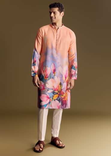 Peach Floral Printed Linen Kurta Set With Contemporary Styling