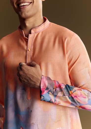 Peach Floral Printed Linen Kurta Set With Contemporary Styling
