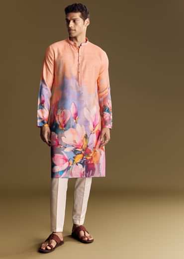 Peach Floral Printed Linen Kurta Set With Contemporary Styling