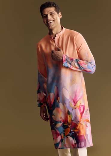 Peach Floral Printed Linen Kurta Set With Contemporary Styling