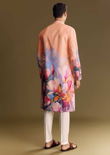 Peach Floral Printed Linen Kurta Set With Contemporary Styling