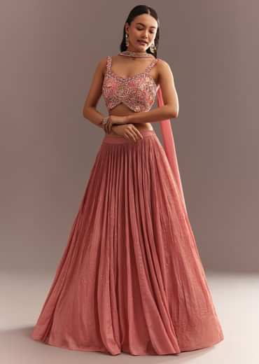 Peach French Tissue Lehenga Choli With Choker Dupatta