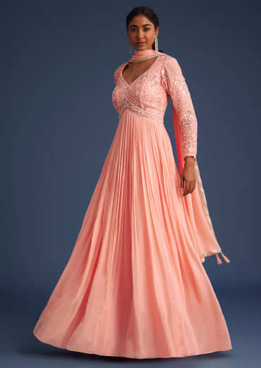 Peach Georgette Anarkali With Mirror And Sequin Work