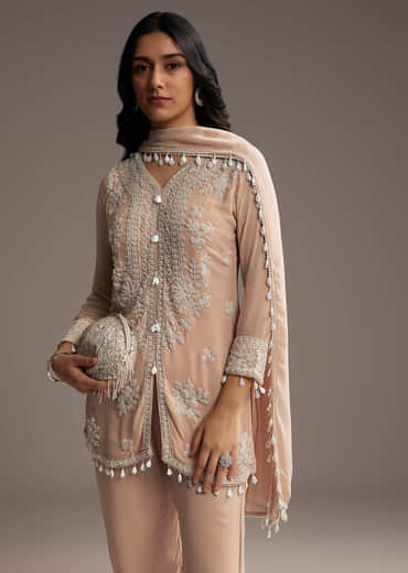 Peach Georgette Kurta Set With Beads Embroidery