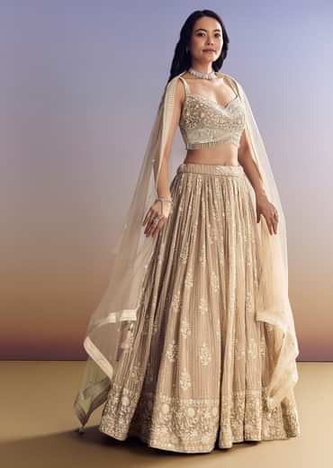 Peach Georgette Lehenga Set With Cut Dana Moti Work