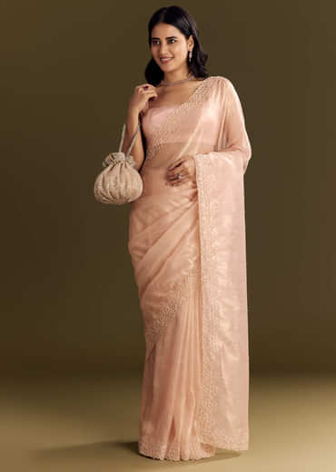 Peach Glass Tissue Saree With Cutdana And Beads Scallop Border