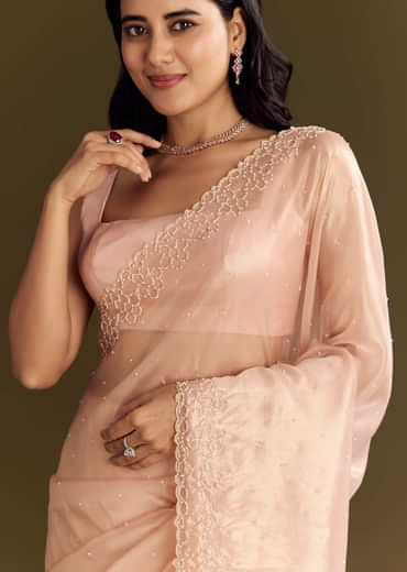Peach Glass Tissue Saree With Cutdana And Beads Scallop Border