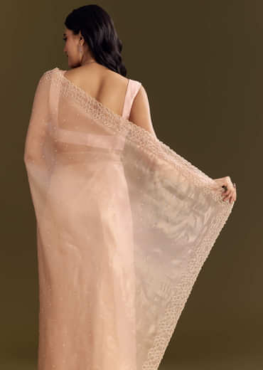 Peach Glass Tissue Saree With Cutdana And Beads Scallop Border