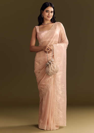 Peach Glass Tissue Saree With Cutdana And Beads Scallop Border