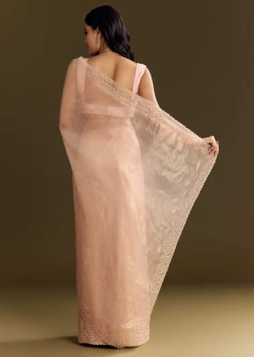 Peach Glass Tissue Saree With Cutdana And Beads Scallop Border