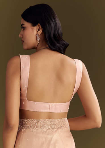 Peach Glass Tissue Saree With Cutdana And Beads Scallop Border