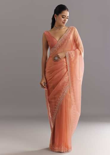 Peach Glass Tissue Saree With Cutdana Sequins Embroidery And Cutwork Scallop Border