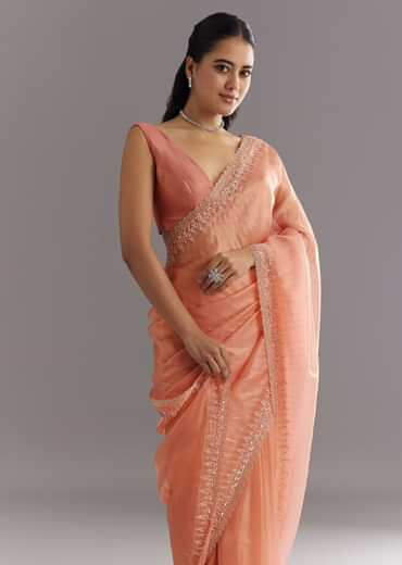 Peach Glass Tissue Saree With Cutdana Sequins Embroidery And Cutwork Scallop Border