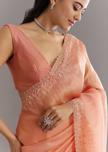 Peach Glass Tissue Saree With Cutdana Sequins Embroidery And Cutwork Scallop Border