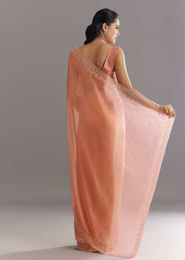 Peach Glass Tissue Saree With Cutdana Sequins Embroidery And Cutwork Scallop Border