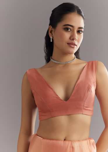 Peach Glass Tissue Saree With Cutdana Sequins Embroidery And Cutwork Scallop Border