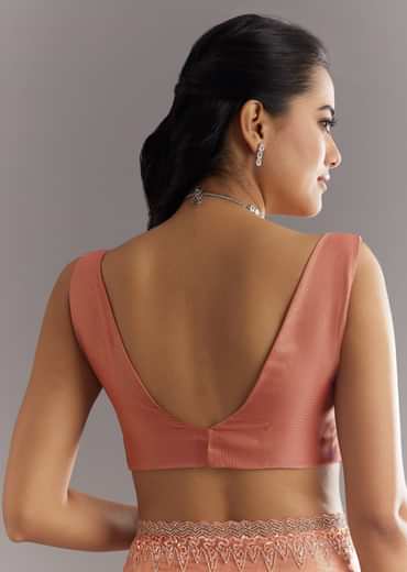 Peach Glass Tissue Saree With Cutdana Sequins Embroidery And Cutwork Scallop Border