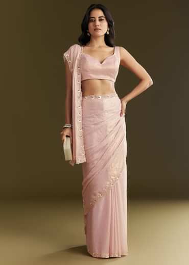 Peach Glass Tissue Saree With Moti Cutdana And Sequins Embroidery And Scallop Border