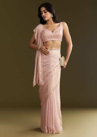 Peach Glass Tissue Saree With Moti Cutdana And Sequins Embroidery And Scallop Border