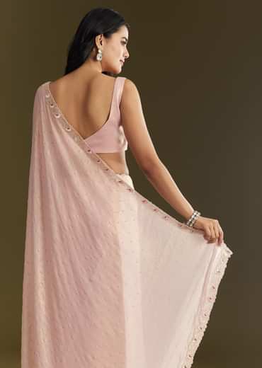 Peach Glass Tissue Saree With Moti Cutdana And Sequins Embroidery And Scallop Border