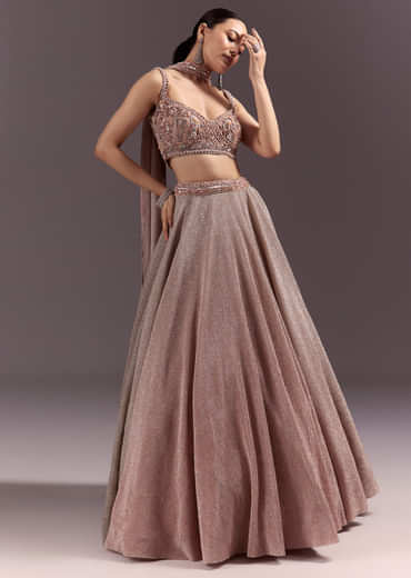 Peach Gold Embroidered Circular Lehenga Dupatta Set