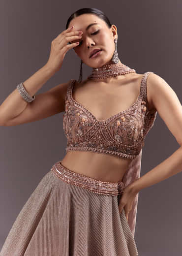 Peach Gold Embroidered Circular Lehenga Dupatta Set