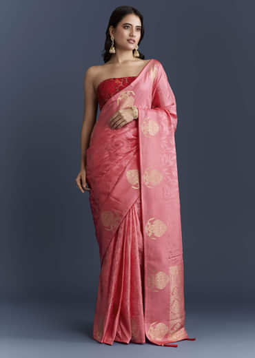 Peach Jacquard Woven Saree With Zari Work