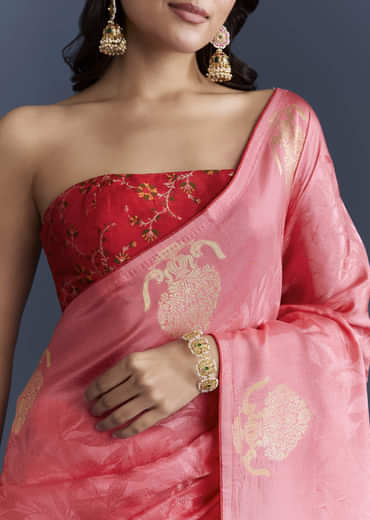 Peach Jacquard Woven Saree With Zari Work