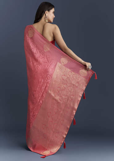 Peach Jacquard Woven Saree With Zari Work