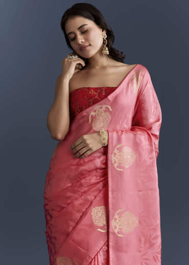 Peach Jacquard Woven Saree With Zari Work