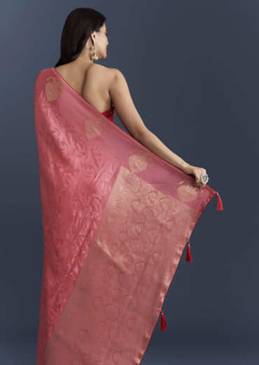 Peach Jacquard Woven Saree With Zari Work