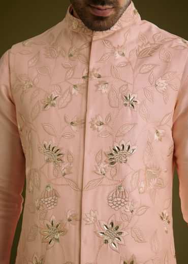 Peach Kurta Jacket Set In Cotton Silk With Embroidery Thread Work