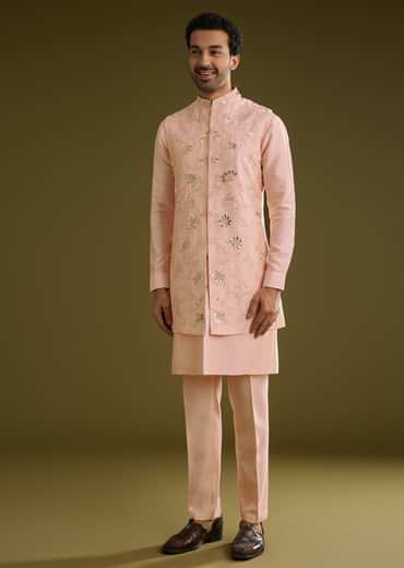 Peach Kurta Jacket Set In Cotton Silk With Embroidery Thread Work