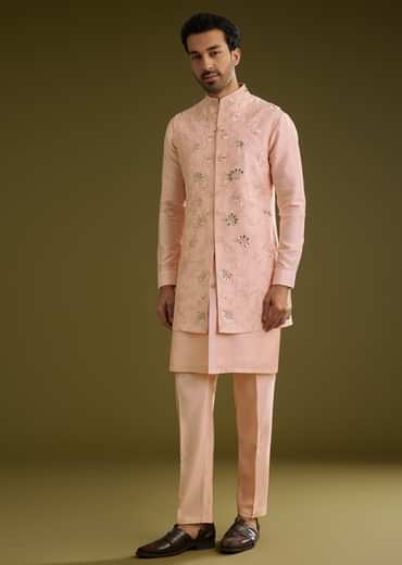 Peach Kurta Jacket Set In Cotton Silk With Embroidery Thread Work