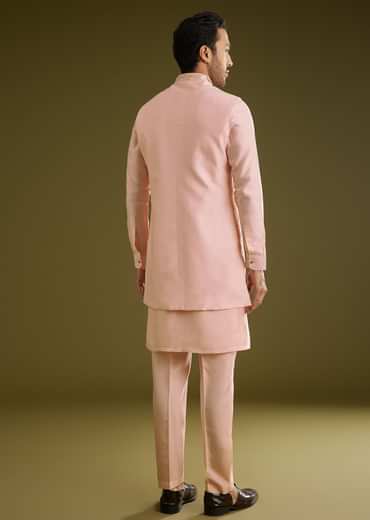 Peach Kurta Jacket Set In Cotton Silk With Embroidery Thread Work
