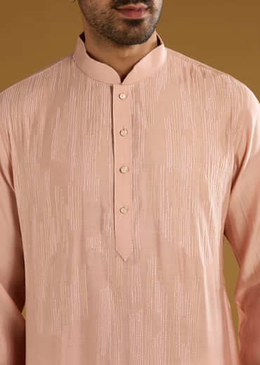 Peach Kurta Set For Men With Thread Embroidery