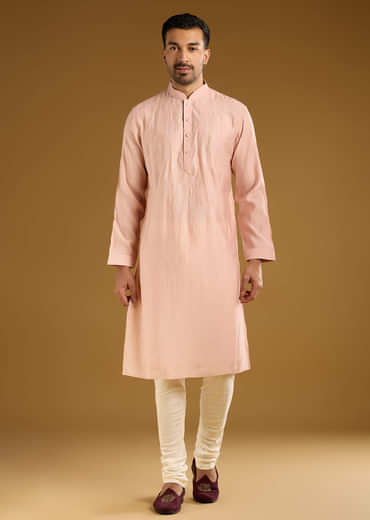 Peach Kurta Set For Men With Thread Embroidery
