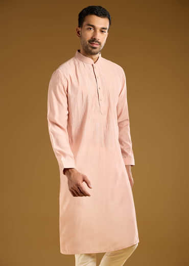 Peach Kurta Set For Men With Thread Embroidery
