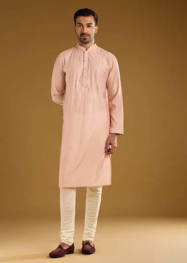 Peach Kurta Set For Men With Thread Embroidery