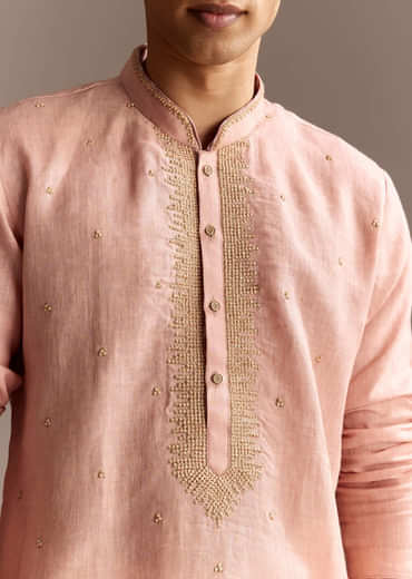 Peach Linen French Knot Kurta Set